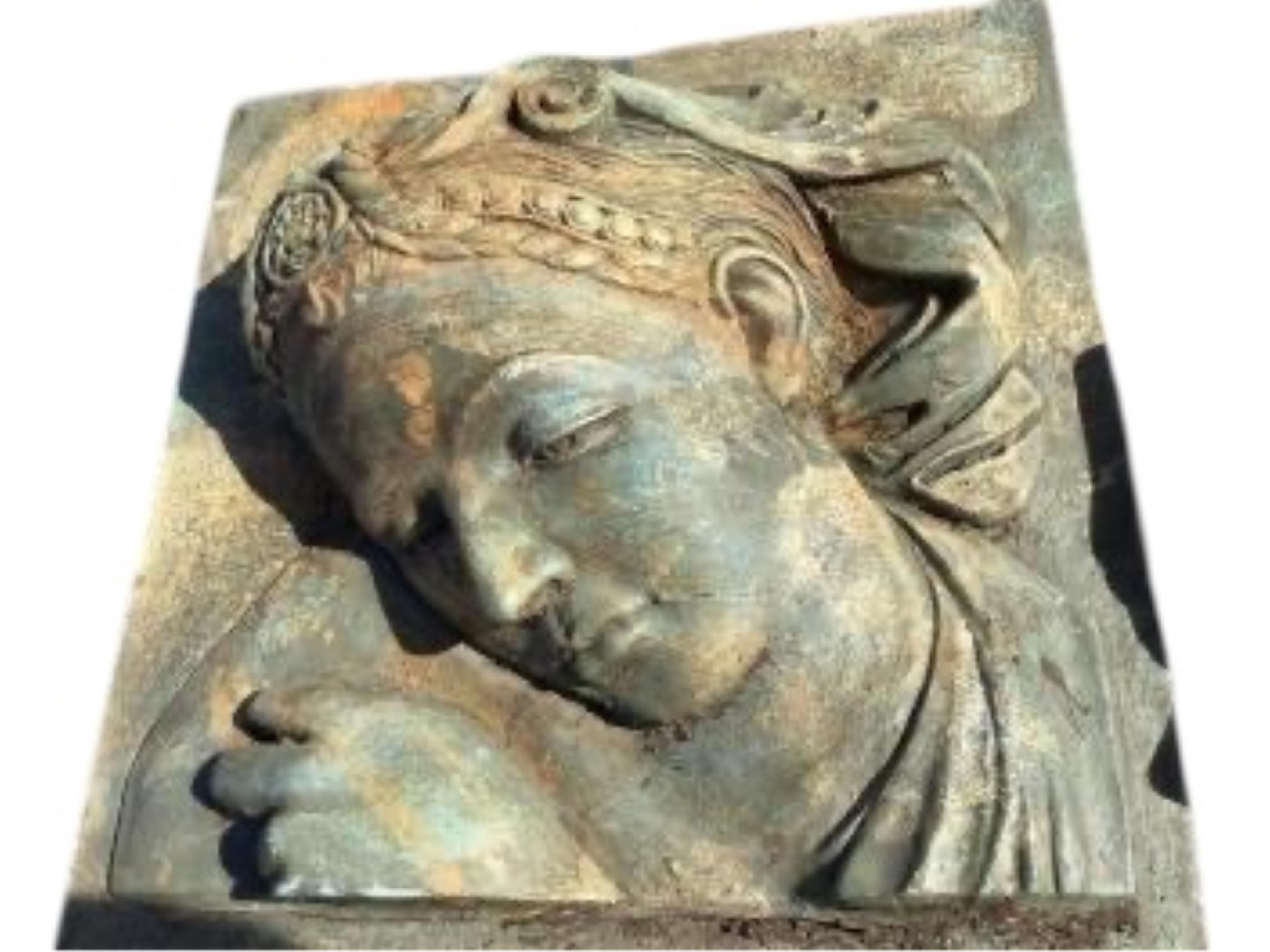 Five cast stone and terracotta garden wall plaques, largest diameter 41cm